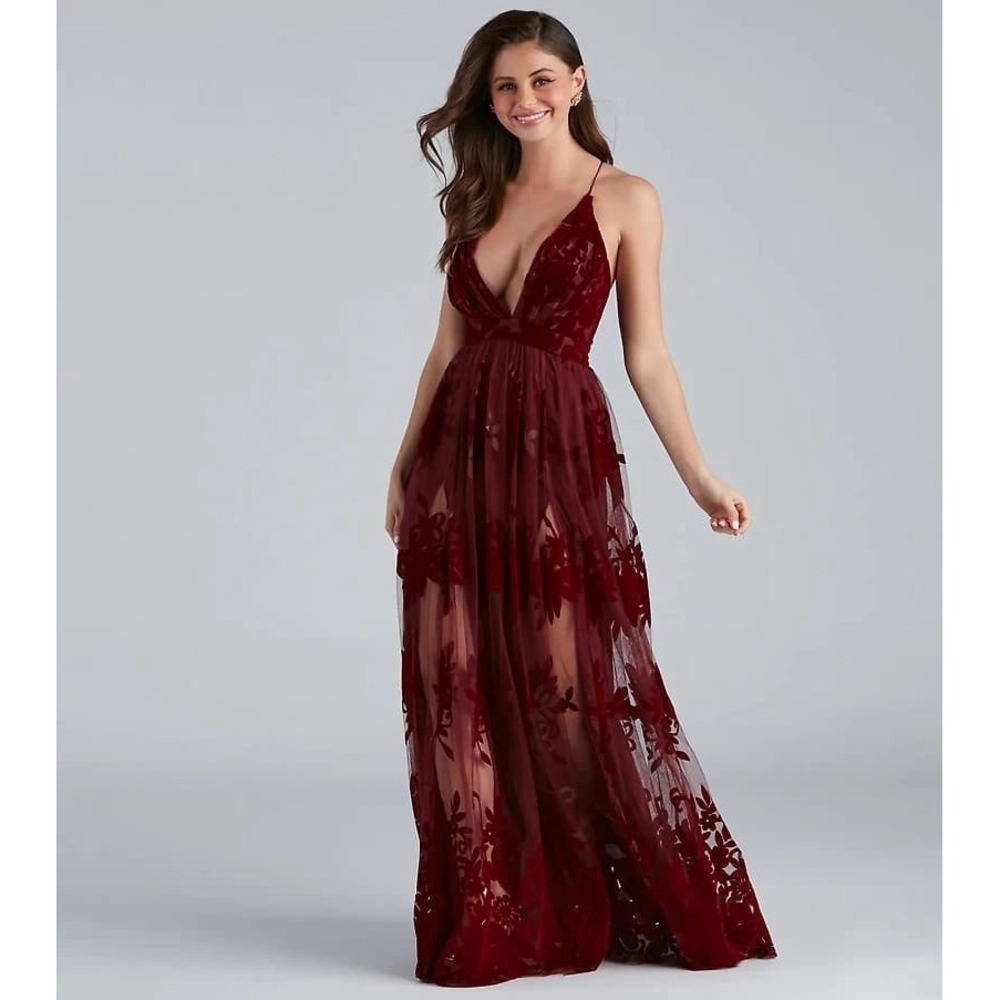Windsor Morgan Formal Flocked Velvet Dress Women's S Burgundy Red